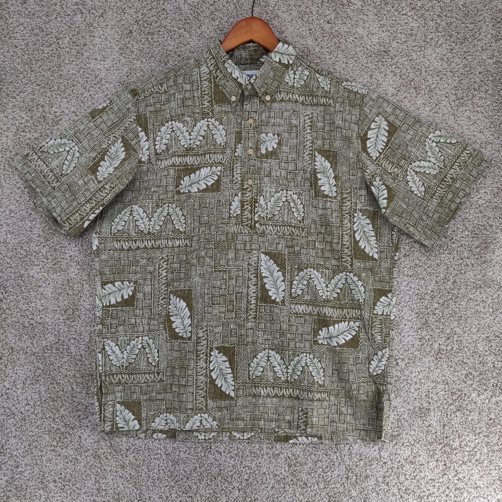 Vintage Reyn Spooner Hawaiian Shirt Mens Large Green Leaves Popover Button